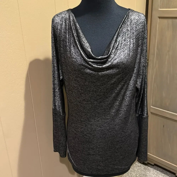 White House Black Market Long Sleeve Metallic Drape Neck. Black/silver. Small - Picture 1 of 6